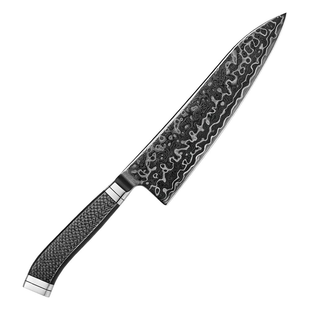 Mizuchi Gyuto 210 mm japansk kokkekniv med sort DLC-belægning og 145 lag damaskus