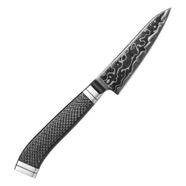 Mizuchi Paring 105 mm japansk urtekniv med sort DLC-belægning, 145 lag damaskus og skæfte i carbonfiber
