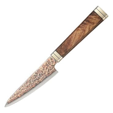 Suzaku Paring 105 mm japansk urtekniv med 53 lag kobber-damaskus og skæfte i Padauk Burl