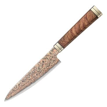 Suzaku Petty 135 mm japansk utility kniv med 53 lag kobber-damaskus og skæfte i Padauk Burl