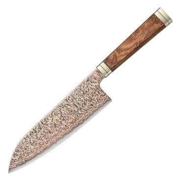 Suzaku Santoku 180 mm japansk allround kniv med 53 lag kobber-damaskus og skæfte i Padauk Burl